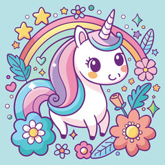 Cute cartoon unicorn with rainbow and flowers