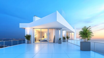 Modern penthouse rooftop terrace with city views.