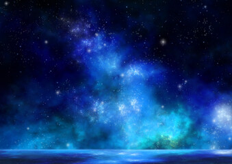 美しい星空と星空がキラキラ反射する青い綺麗な海