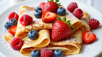 A plate of golden-brown crepes topped with fresh strawberries, blueberries, and blackberries, creating a vibrant, appetizing breakfast dish. AI generated.