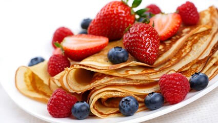A plate of golden-brown crepes topped with fresh strawberries, blueberries, and blackberries, creating a vibrant, appetizing breakfast dish. AI generated.