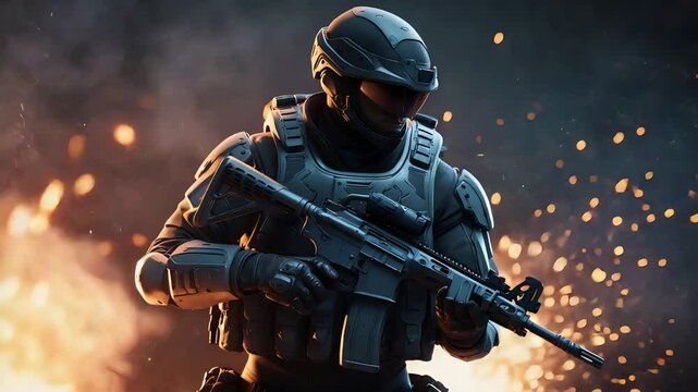 Armed soldier in full tactical gear holding assault rifle in front of fiery explosion wearing helmet and visor during combat operation


