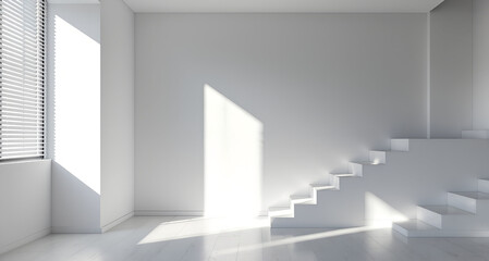 Minimalist White Room with Stairs and Sunlight Streaming Through Window Blinds