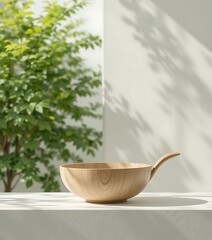 Beige Speckled Circular Basket on White Surface with Green Tree.