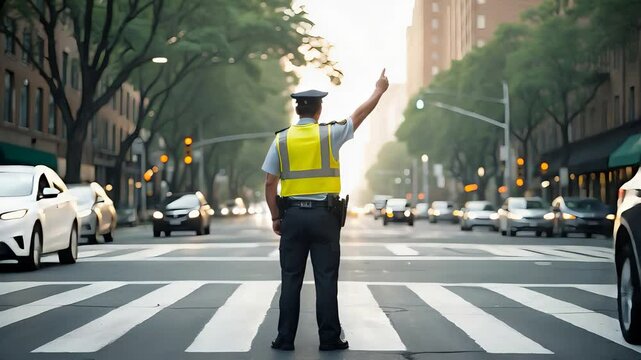 Traffic officer wearing reflective vest directing cars in busy city street intersection during bright morning rush hour with urban backdrop

