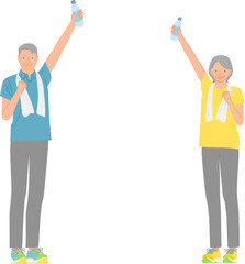 スポーツイメージ：水分補給する笑顔のシニア男女セット02