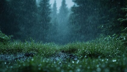 Rainy forest path. Lush greenery