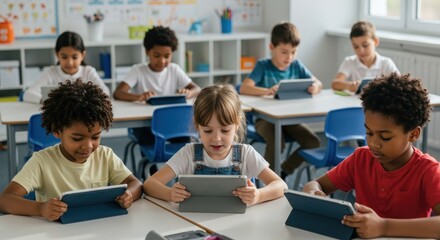 Diverse students using tablets in classroom
