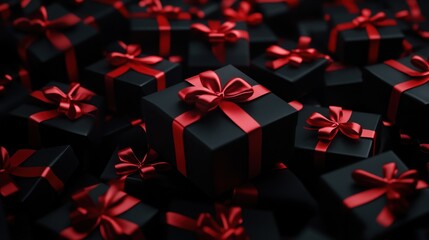 Many black gift boxes with red ribbons
