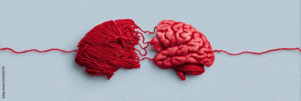 Aufkleber Torn Red Thread Connects Heart and Brain Emphasizing Emotional and Cognitive Balance on a Calm Background