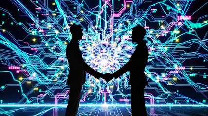 Businessmen handshake with digital backdrop. Network lines light up around handshake. Technology drives business connection. Innovation supports future deals. Digital handshake in cyberspace. - Powered by Adobe