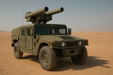 Military vehicle equipped with missile launcher in arid desert landscape under clear blue sky