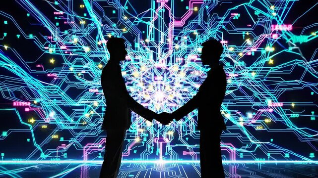 Businessmen handshake with digital backdrop. Network lines light up around handshake. Technology drives business connection. Innovation supports future deals. Digital handshake in cyberspace. - Powered by Adobe