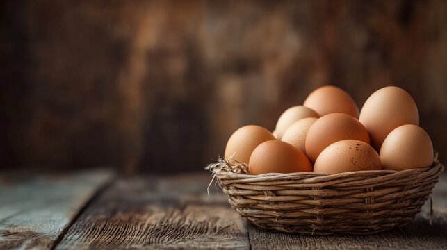 Rustic basket filled with fresh brown eggs on wooden surface