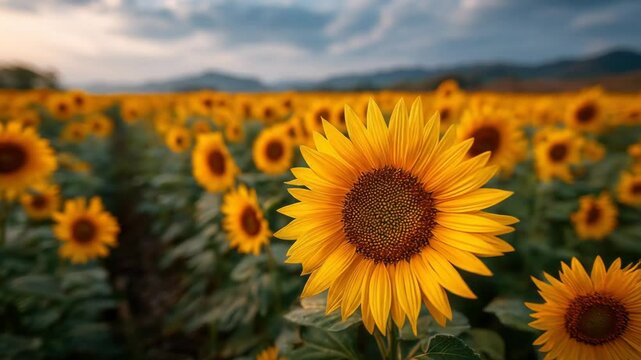Sunflowers Field Sunset Landscape.