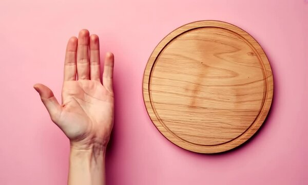 Empty wooden pizza platter on a pink background with a hand