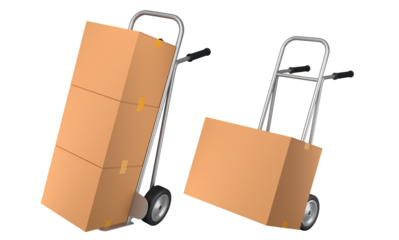 Set of Airport luggage cart or baggage trolley side with stack of cardboard boxes or cartons on white background. 3d render element of airport or warehouse service