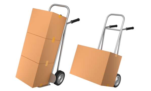 Set of Airport luggage cart or baggage trolley side with stack of cardboard boxes or cartons on white background. 3d render element of airport or warehouse service