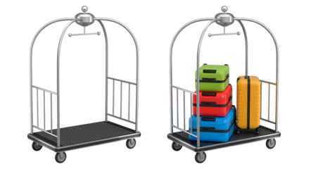 Set of Regular polycarbonate suitcase on hotel trolley cart for carrying baggage on white background. 3d render travel concept of hotel service on vacation and luggage transportation