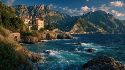 Fototapeta premium Stunning Coastal Landscape with Mountain Backdrop
