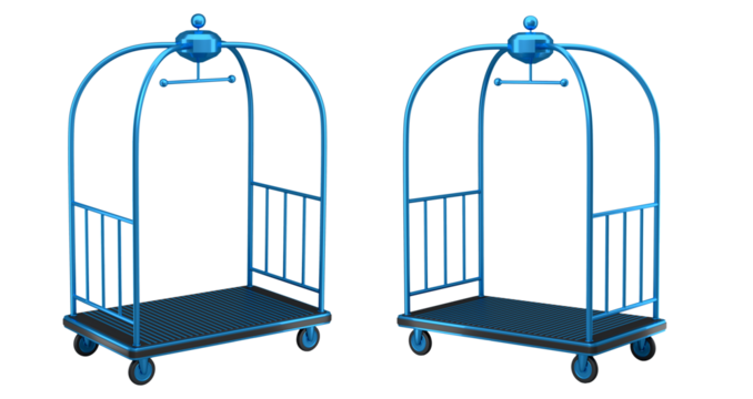 Set of Hotel luggage trolley cart for carrying baggage on white background. 3d render element of hotel service on vacation