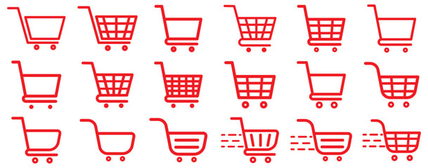 Shopping cart icon. Red shopping cart vector isolated on white background. Red Shopping cart trolley icon vector. Supermarket basket vector set. Store checkout isolated icon Red Shopping cart icon set © NOVA STOCK