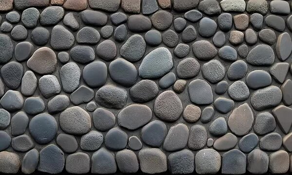 Close-up view of a textured stone wall.  The wall is composed of many irregularly-shaped, rounded stones, varying in shades of dark gray and brown. 