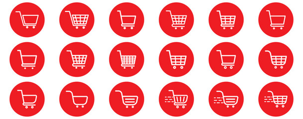 Shopping cart icon. Red shopping cart vector isolated on white background. Red Shopping cart trolley icon vector. Supermarket basket vector set. Store checkout isolated icon Red Shopping cart icon set