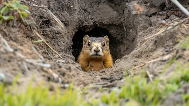 Richardson's ground squirrel peeking out of its burrow
