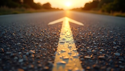 Asphalt road with arrow marking pointing toward sunlight, close up view