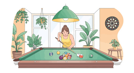 A lively vector illustration of a woman enjoying a game of billiards in a vibrant setting, perfect for themes of leisure, hobbies, and indoor recreation