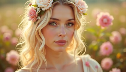 Beautiful woman with blonde wavy hair wearing flower crown in flower field.