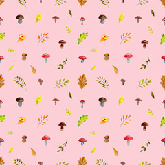 Seamless background with mushrooms and leaves, apples. Realistic botanical watercolor illustrations. Forest autumn objects isolated on pink background. Texture for children's room, wallpaper, textile