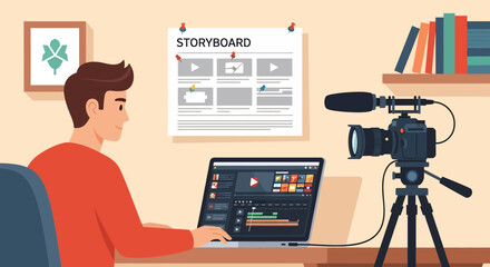 A skilled vector illustration showcasing a man editing video content in a professional studio, complete with camera, microphone, and storyboard, ideal for creative themes