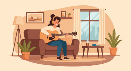 A cozy vector illustration of a young woman playing an acoustic guitar, sitting comfortably on an armchair in her home