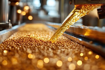 Oil flowing over seeds in a processing facility