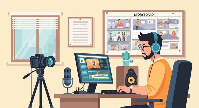 A skilled vector illustration showcasing a man editing video content in a professional studio, complete with camera, microphone, and storyboard, ideal for creative themes