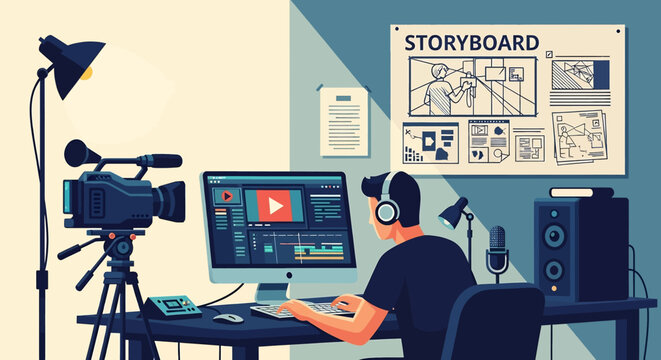 A skilled vector illustration showcasing a man editing video content in a professional studio, complete with camera, microphone, and storyboard, ideal for creative themes