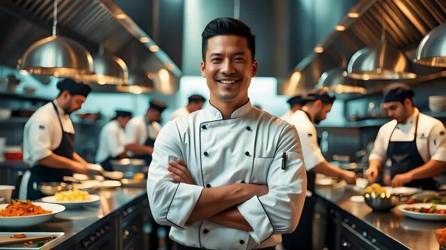 Smiling head chef in white uniform standing confidently in busy commercial kitchen surrounded by team of cooks preparing gourmet dishes

