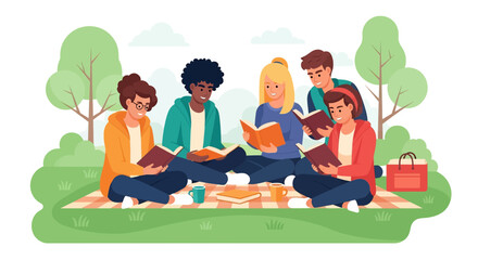 A colorful vector illustration of a diverse group of young people reading books together on a picnic blanket in a park under a summer bright sky