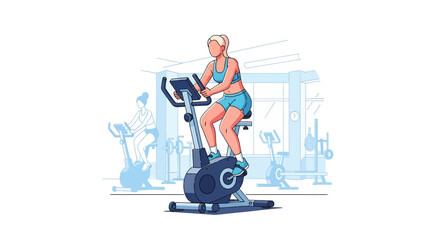 A strong vector illustration of a woman exercising on a static bike in a gym, promoting a healthy lifestyle and indoor fitness