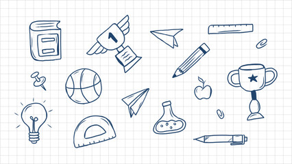 Hand-Drawn Doodle Illustrations of School, Education, and Science Objects on Grid Paper Background