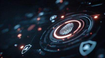 Abstract digital environment showing fingerprint scan, password input screen, shield icons and layered encryption waves, symbolic cybersecurity concept