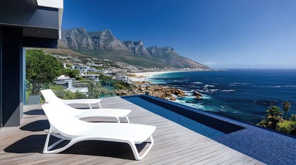 Panoramic ocean view from a modern deck with loungers and a swimming pool.