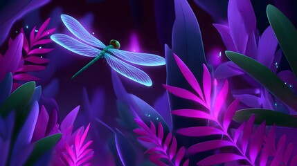 Fototapeta premium Glowing dragonfly in a neon-colored magical forest