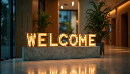 Illuminated welcome sign on a gray counter with indoor plant. Nobody present.
