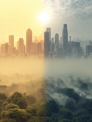 Obraz premium Clean Air Environment Versus Polluted Urban Landscape Comparison During Sunrise