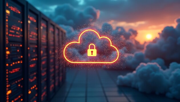 Illustration of secured cloud storage with server room and sunset background.