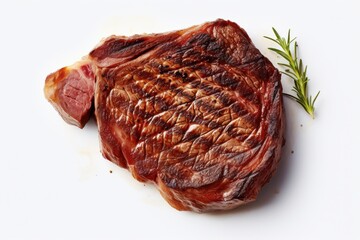 Obraz premium Delicious grilled steak with perfect sear and herbs on a white background
