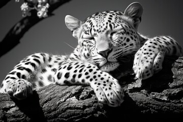 Fototapeta premium Leopard resting comfortably on a tree branch in monochrome setting during daylight